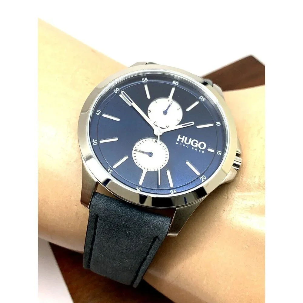 Hugo Boss Men's Watch 1530121 Quartz Blue Dial Silver Case Leather Band 41mm